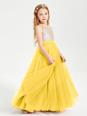 Long Junior Bridesmaid Gown Sequined Top Tulle Skirt Marigold