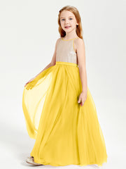 Long Junior Bridesmaid Gown Sequined Top Tulle Skirt Marigold