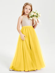 Long Junior Bridesmaid Gown Sequined Top Tulle Skirt Marigold