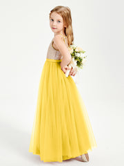 Long Junior Bridesmaid Gown Sequined Top Tulle Skirt Marigold