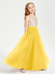 Long Junior Bridesmaid Gown Sequined Top Tulle Skirt Marigold
