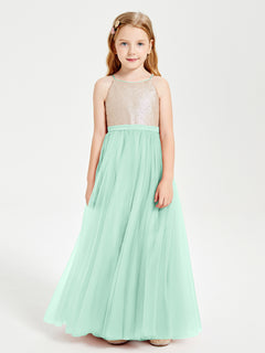 Long Junior Bridesmaid Gown Sequined Top Tulle Skirt Mint Green