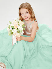 Long Junior Bridesmaid Gown Sequined Top Tulle Skirt Mint Green