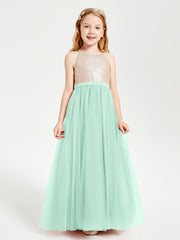 Long Junior Bridesmaid Gown Sequined Top Tulle Skirt Mint Green