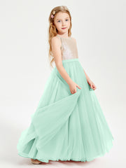 Long Junior Bridesmaid Gown Sequined Top Tulle Skirt Mint Green