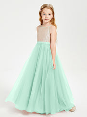 Long Junior Bridesmaid Gown Sequined Top Tulle Skirt Mint Green