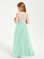 Long Junior Bridesmaid Gown Sequined Top Tulle Skirt Mint Green