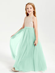 Long Junior Bridesmaid Gown Sequined Top Tulle Skirt Mint Green