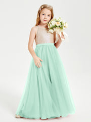 Long Junior Bridesmaid Gown Sequined Top Tulle Skirt Mint Green