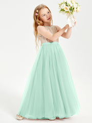 Long Junior Bridesmaid Gown Sequined Top Tulle Skirt Mint Green