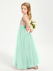 Long Junior Bridesmaid Gown Sequined Top Tulle Skirt Mint Green