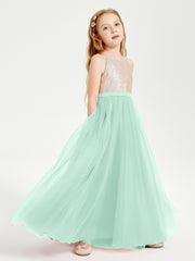 Long Junior Bridesmaid Gown Sequined Top Tulle Skirt Mint Green
