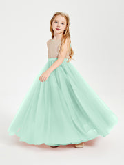 Long Junior Bridesmaid Gown Sequined Top Tulle Skirt Mint Green