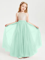 Long Junior Bridesmaid Gown Sequined Top Tulle Skirt Mint Green