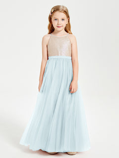 Long Junior Bridesmaid Gown Sequined Top Tulle Skirt Mist