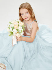 Long Junior Bridesmaid Gown Sequined Top Tulle Skirt Mist