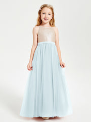 Long Junior Bridesmaid Gown Sequined Top Tulle Skirt Mist