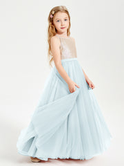 Long Junior Bridesmaid Gown Sequined Top Tulle Skirt Mist