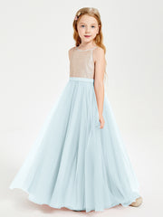 Long Junior Bridesmaid Gown Sequined Top Tulle Skirt Mist