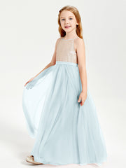 Long Junior Bridesmaid Gown Sequined Top Tulle Skirt Mist