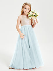 Long Junior Bridesmaid Gown Sequined Top Tulle Skirt Mist