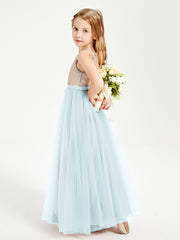 Long Junior Bridesmaid Gown Sequined Top Tulle Skirt Mist