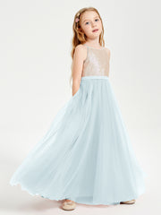Long Junior Bridesmaid Gown Sequined Top Tulle Skirt Mist