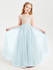 Long Junior Bridesmaid Gown Sequined Top Tulle Skirt Mist