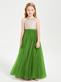 Long Junior Bridesmaid Gown Sequined Top Tulle Skirt Moss