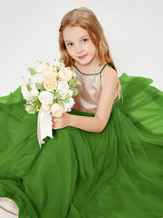 Long Junior Bridesmaid Gown Sequined Top Tulle Skirt Moss