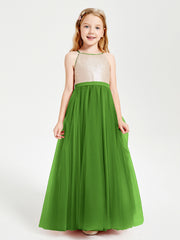 Long Junior Bridesmaid Gown Sequined Top Tulle Skirt Moss