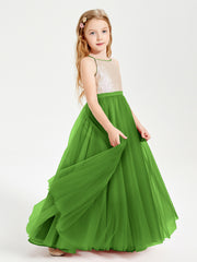 Long Junior Bridesmaid Gown Sequined Top Tulle Skirt Moss
