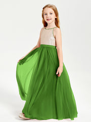 Long Junior Bridesmaid Gown Sequined Top Tulle Skirt Moss