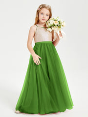 Long Junior Bridesmaid Gown Sequined Top Tulle Skirt Moss