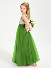 Long Junior Bridesmaid Gown Sequined Top Tulle Skirt Moss