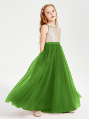Long Junior Bridesmaid Gown Sequined Top Tulle Skirt Moss