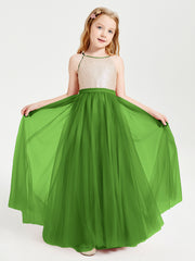 Long Junior Bridesmaid Gown Sequined Top Tulle Skirt Moss