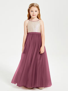 Long Junior Bridesmaid Gown Sequined Top Tulle Skirt Mulberry