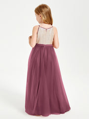 Long Junior Bridesmaid Gown Sequined Top Tulle Skirt Mulberry
