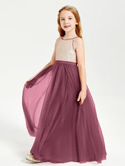 Long Junior Bridesmaid Gown Sequined Top Tulle Skirt Mulberry