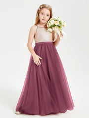 Long Junior Bridesmaid Gown Sequined Top Tulle Skirt Mulberry