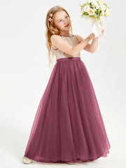 Long Junior Bridesmaid Gown Sequined Top Tulle Skirt Mulberry