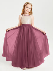 Long Junior Bridesmaid Gown Sequined Top Tulle Skirt Mulberry