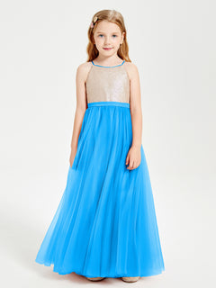 Long Junior Bridesmaid Gown Sequined Top Tulle Skirt Ocean Blue