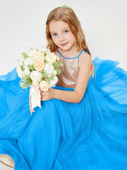 Long Junior Bridesmaid Gown Sequined Top Tulle Skirt Ocean Blue