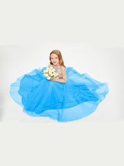 Long Junior Bridesmaid Gown Sequined Top Tulle Skirt Ocean Blue