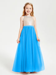 Long Junior Bridesmaid Gown Sequined Top Tulle Skirt Ocean Blue