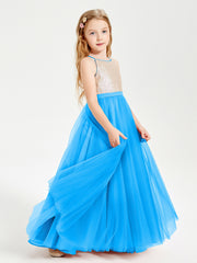 Long Junior Bridesmaid Gown Sequined Top Tulle Skirt Ocean Blue