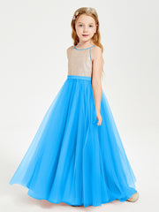 Long Junior Bridesmaid Gown Sequined Top Tulle Skirt Ocean Blue