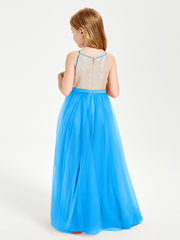 Long Junior Bridesmaid Gown Sequined Top Tulle Skirt Ocean Blue